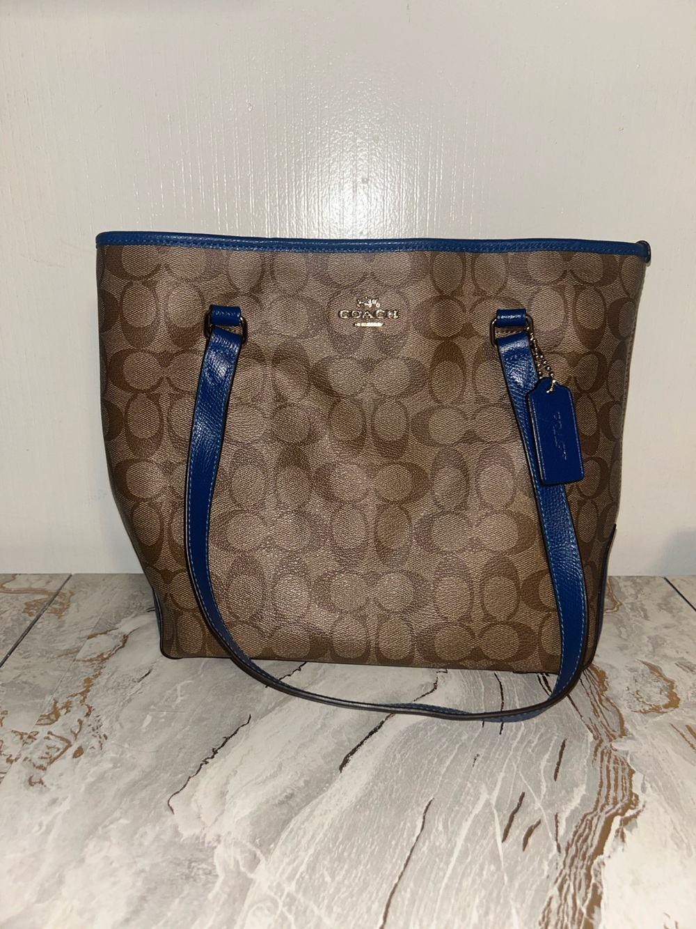 Coach Signature Canvas Zip Top  Brown Blue Tote